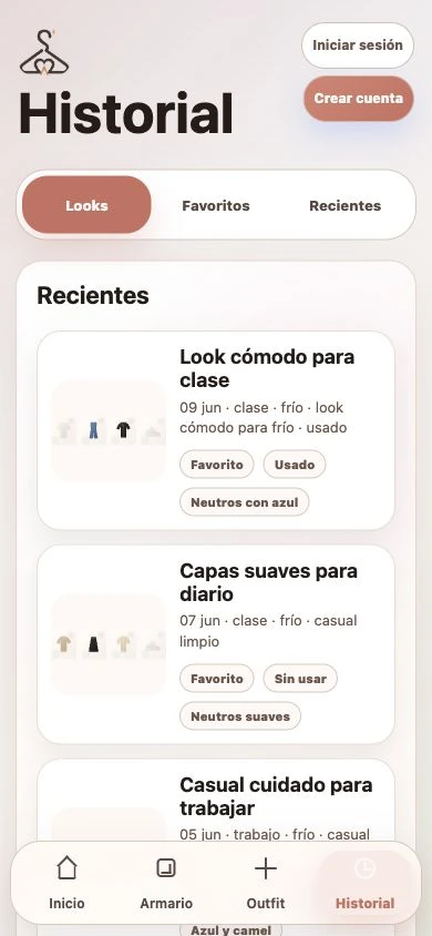 Historial de SACLO con looks guardados
