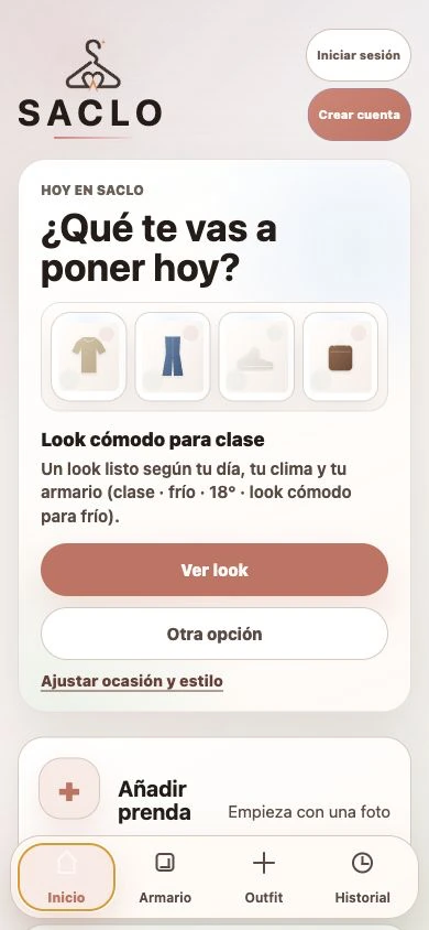 Pantalla de inicio de SACLO con look diario sugerido
