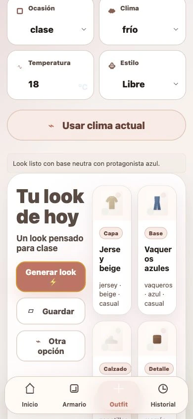 Pantalla de outfit de SACLO con look generado